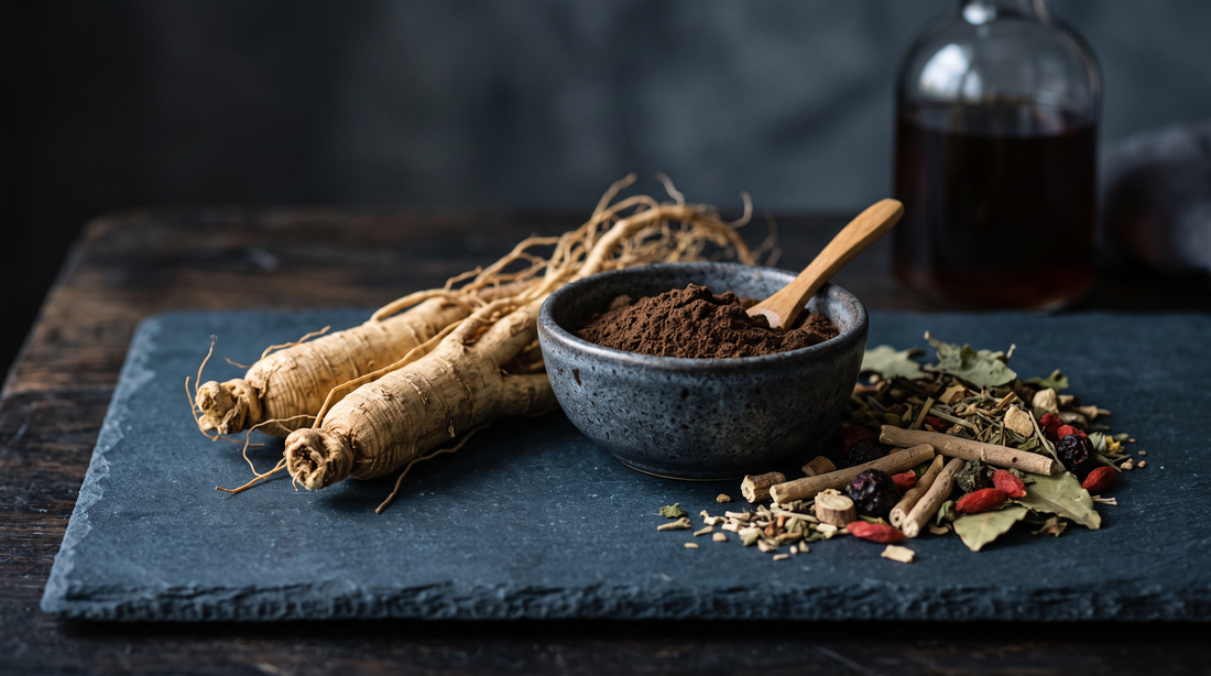 Ginseng root, maca powder and dried herbs on a dark blue surface