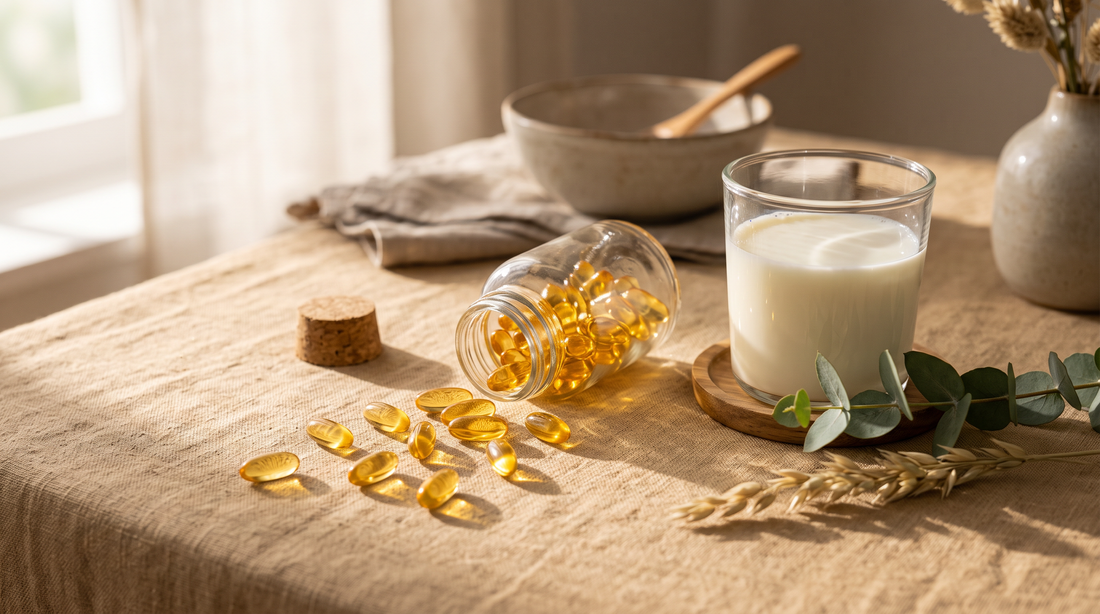 Vitamin D3 and K2 softgel capsules on linen in morning sunlight