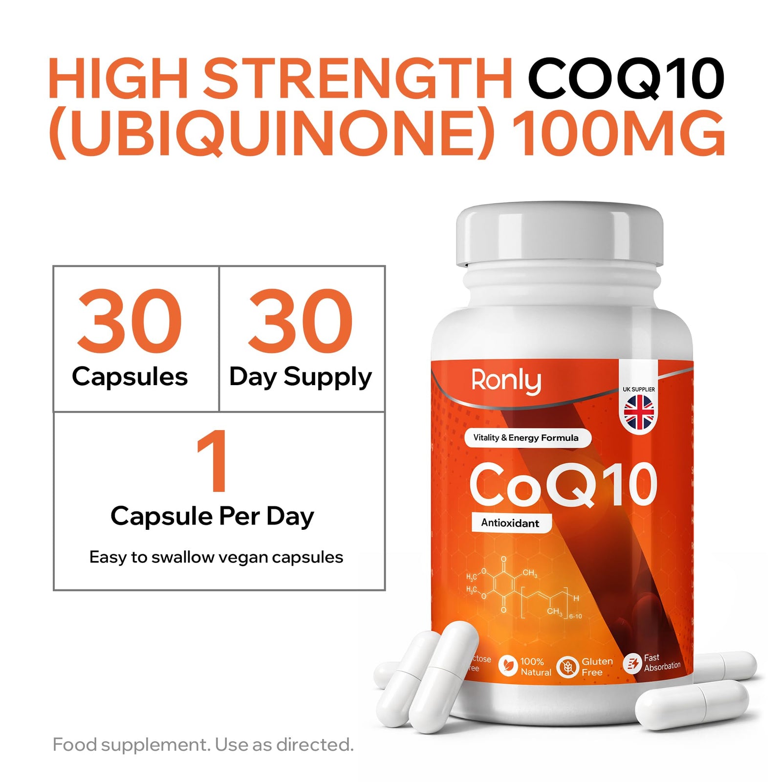 Ronly CoQ10 Supplement 100mg - 30 Capsules | Co Enzyme Q10 (Ubiquinone)