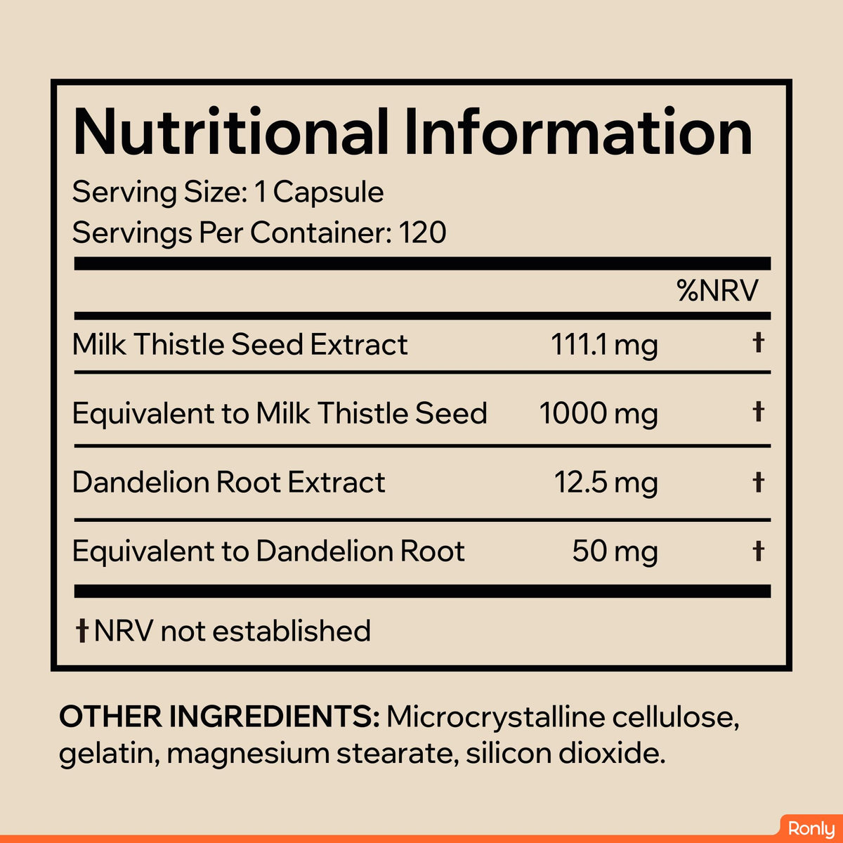 Ronly Milk Thistle 1000mg with Dandelion Root – 120 Capsules