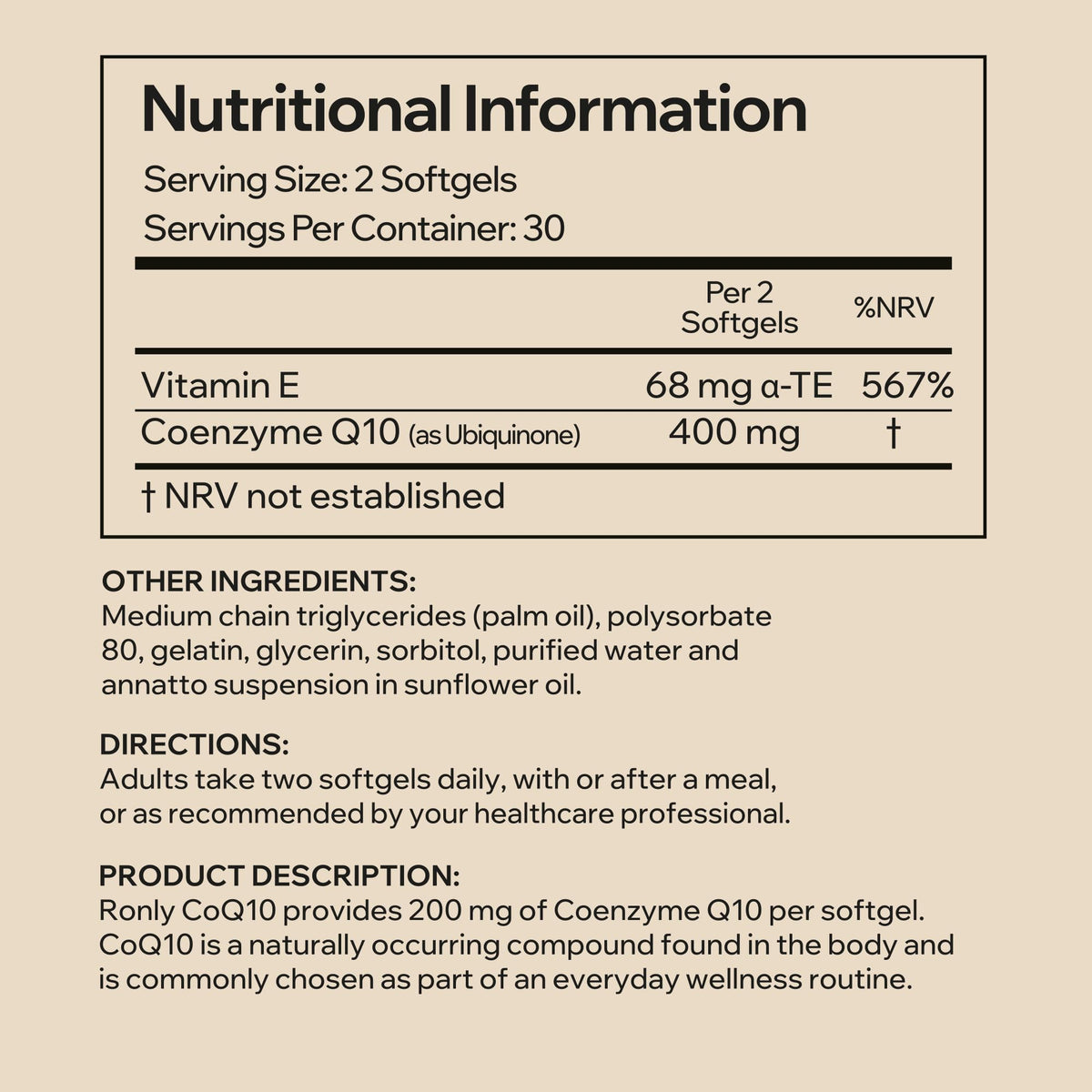 Ronly CoQ10 400mg – 60 Softgels with Vitamin E