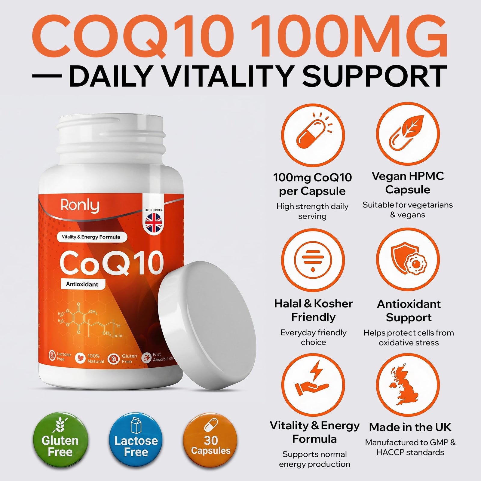 Ronly CoQ10 Supplement 100mg - 30 Capsules | Co Enzyme Q10 (Ubiquinone)